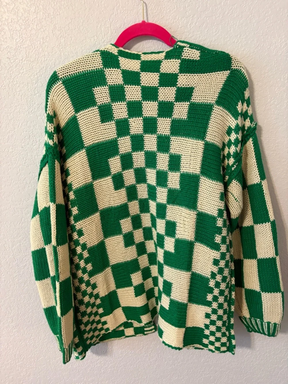 Amazon Green and Cream Checkerboard Open Cardigan - Picture 2 of 2